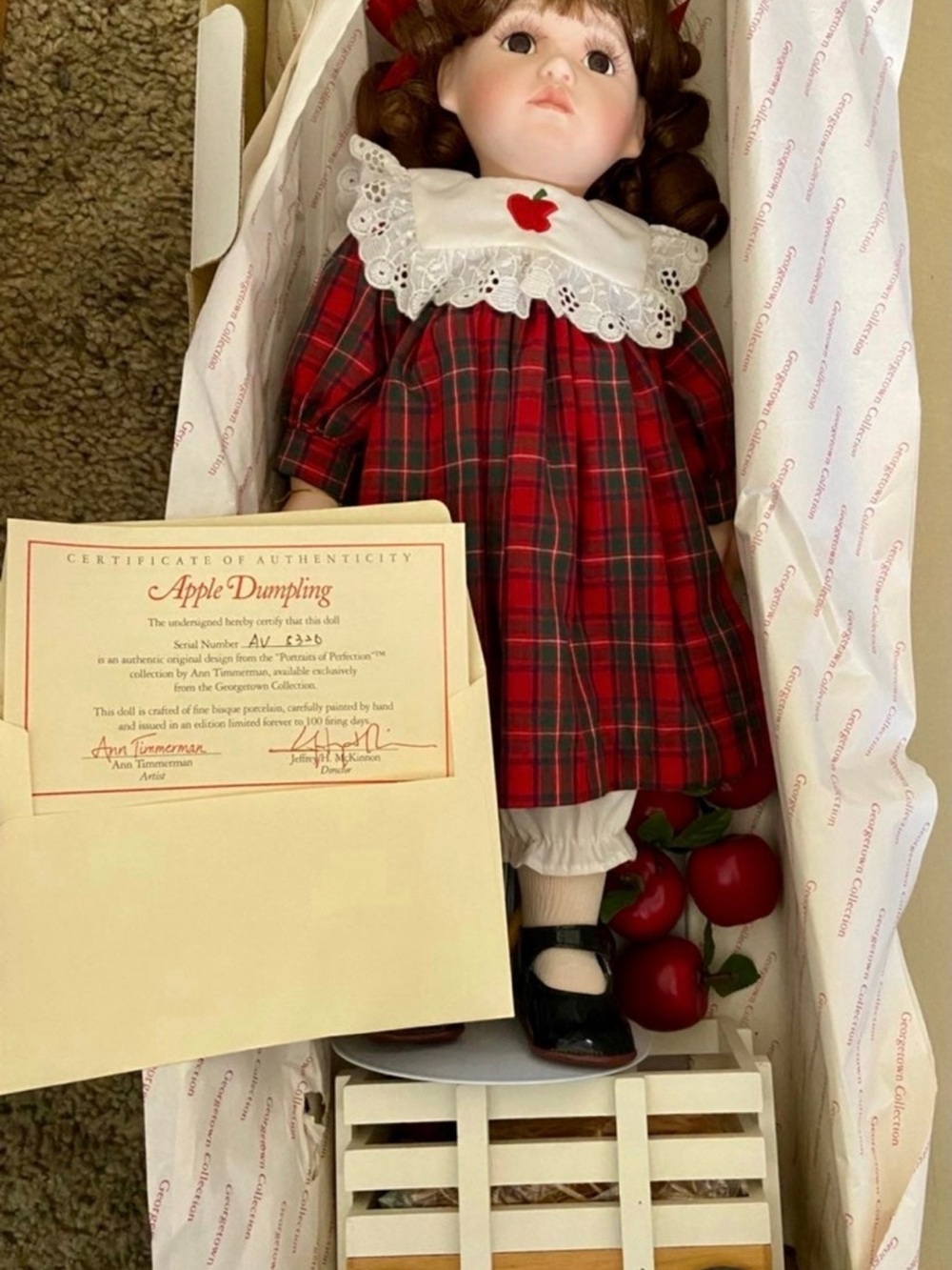 Porcelain Doll in Red Plaid Dress